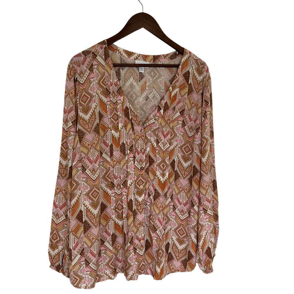 J. Jill Tribal Pintuck V Neck Button Front Blouse Top Size 2X Aztec Casual